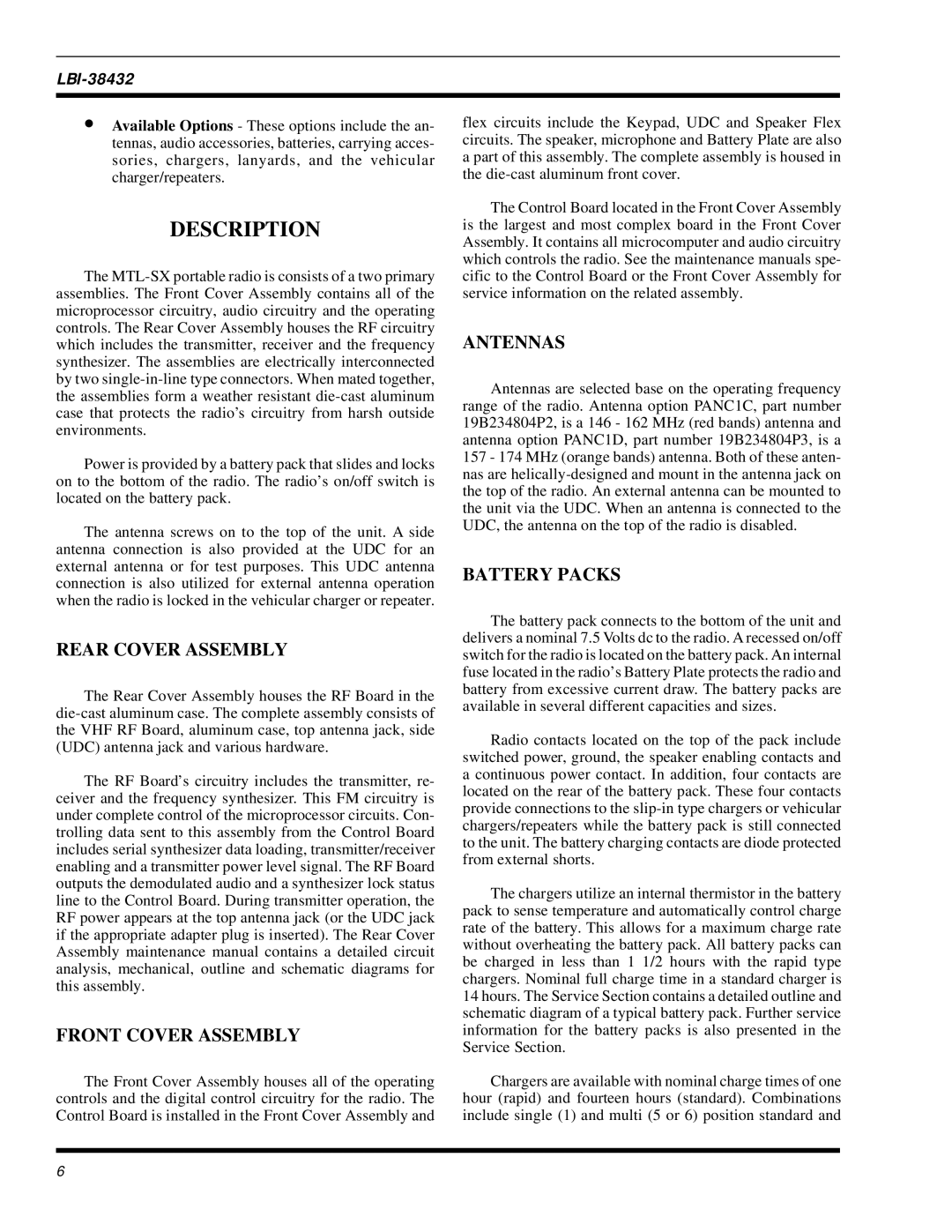 Ericsson MTL-SX manual Description, Rear Cover Assembly, Front Cover Assembly, Antennas, Battery Packs 