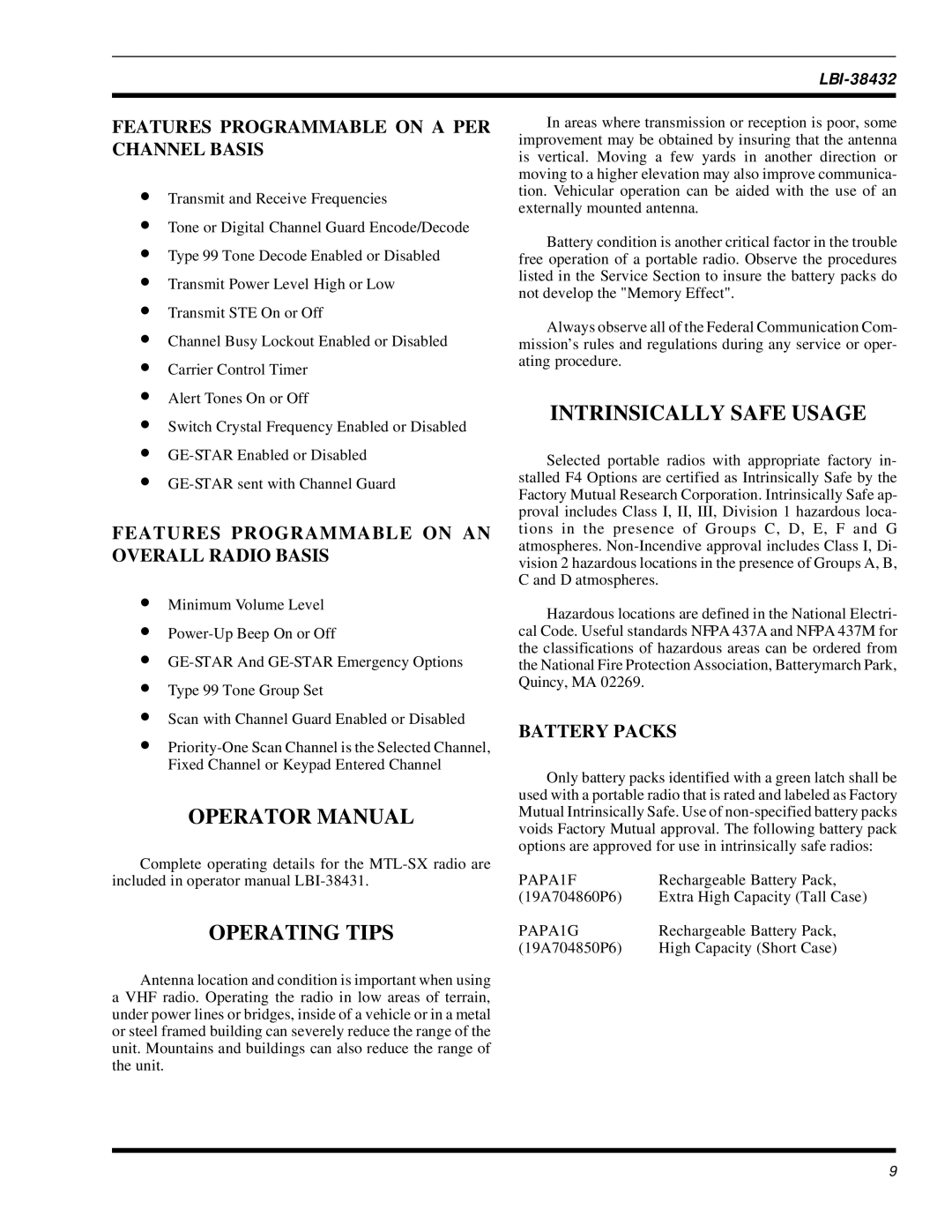 Ericsson MTL-SX Operator Manual, Operating Tips, Intrinsically Safe Usage, Features Programmable on a PER Channel Basis 