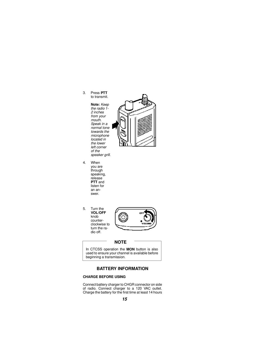 Ericsson NPC-50 manual Battery Information, VOL/OFF knob counter- clockwise to turn the ra- dio off, Charge Before Using 