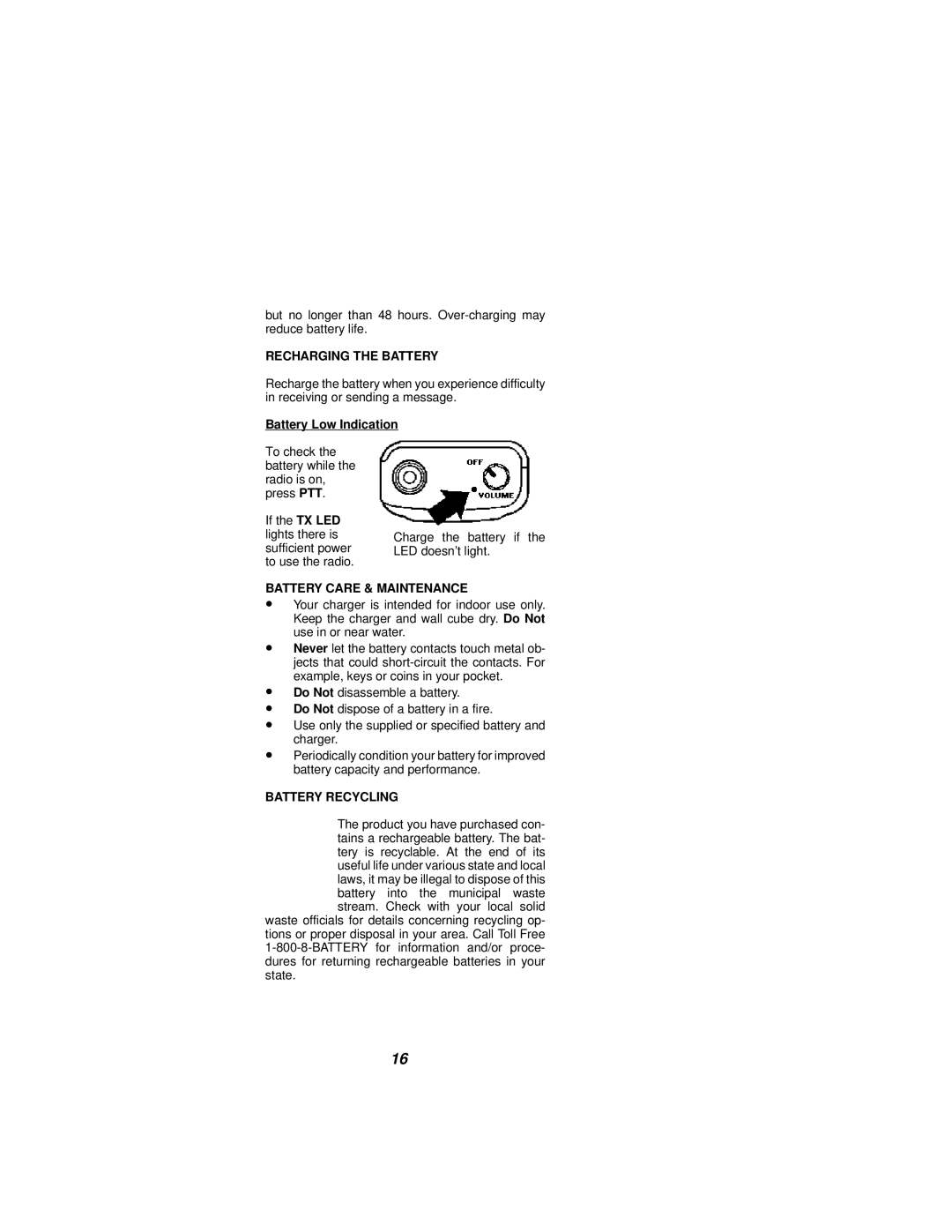 Ericsson NPC-50 manual Recharging the Battery, Battery Low Indication, Battery Care & Maintenance, Battery Recycling 