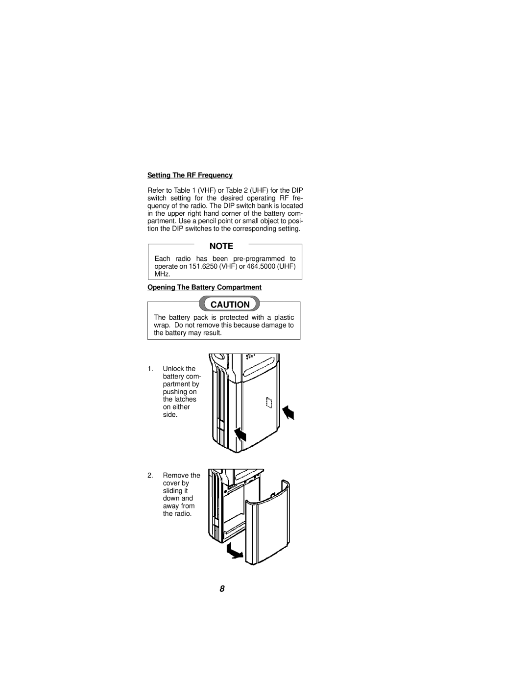 Ericsson NPC-50 manual Setting The RF Frequency, Opening The Battery Compartment 