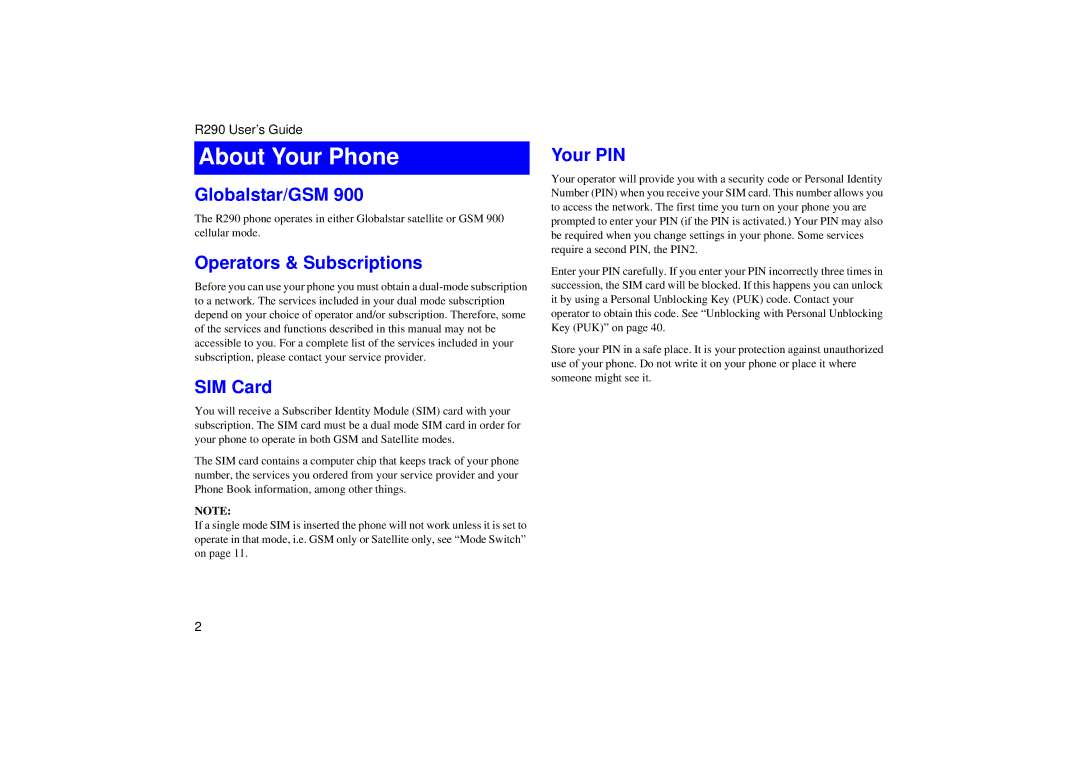 Ericsson R290 manual About Your Phone, Globalstar/GSM, Operators & Subscriptions, SIM Card, Your PIN 