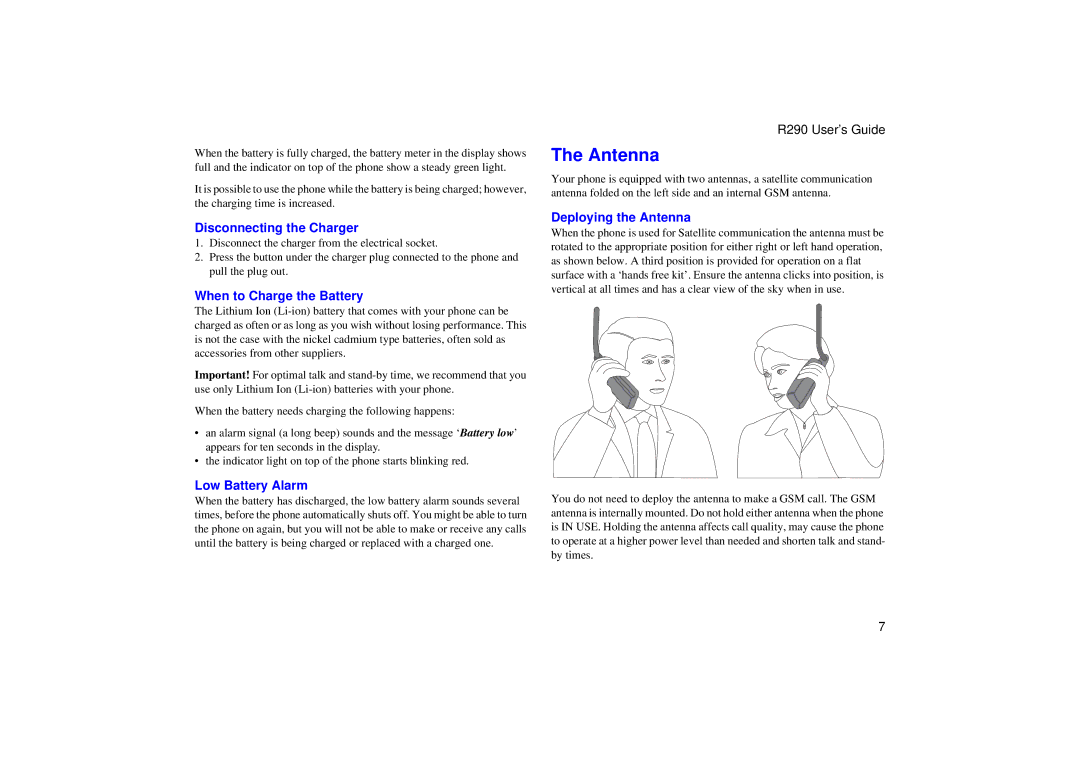 Ericsson R290 manual Disconnecting the Charger, When to Charge the Battery, Low Battery Alarm, Deploying the Antenna 