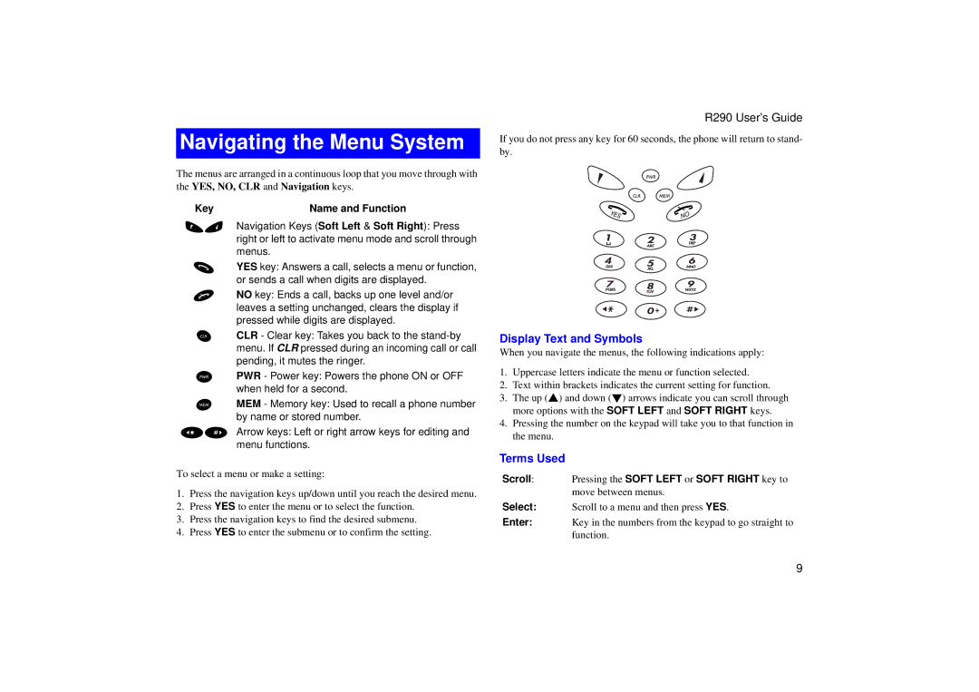 Ericsson R290 manual Navigating the Menu System, Display Text and Symbols, Terms Used 