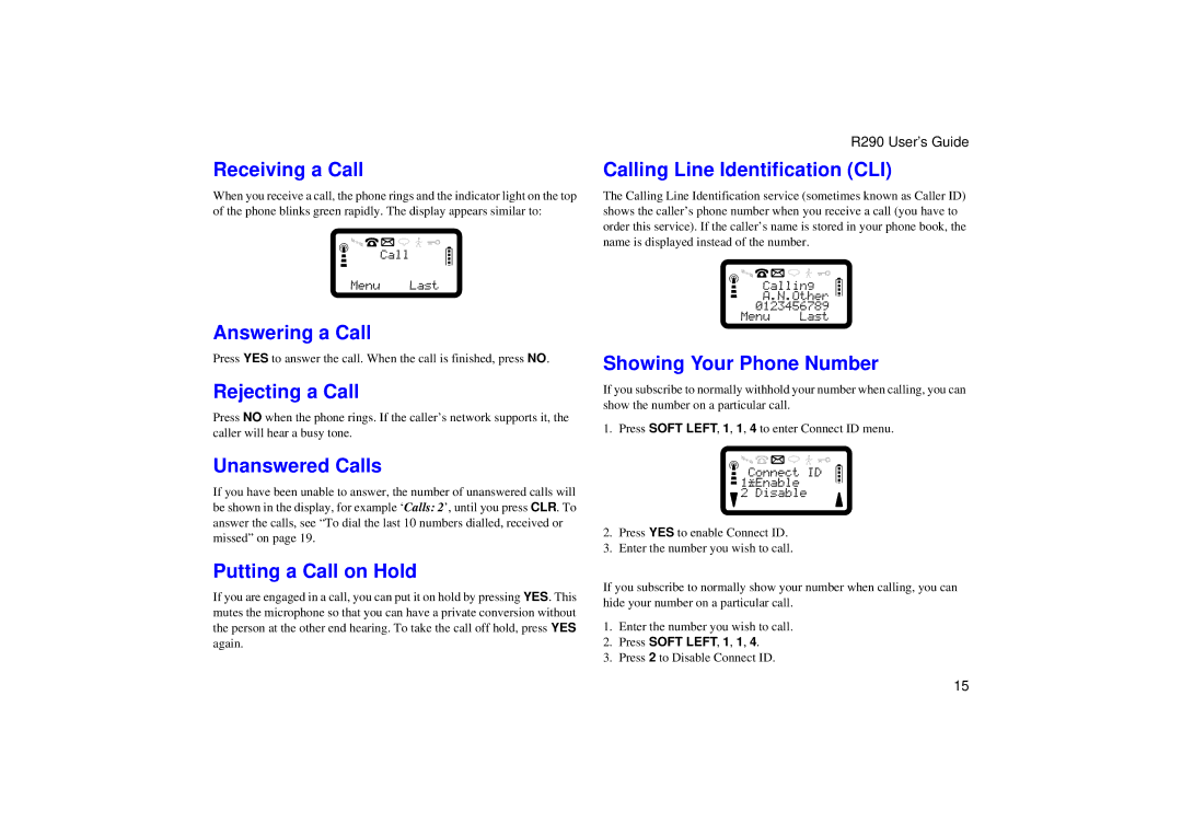 Ericsson R290 Receiving a Call, Answering a Call, Rejecting a Call, Calling Line Identification CLI, Unanswered Calls 