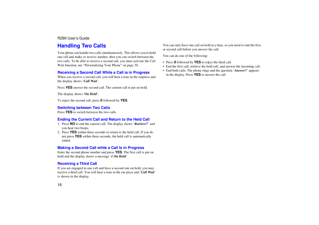 Ericsson R290 manual Handling Two Calls 