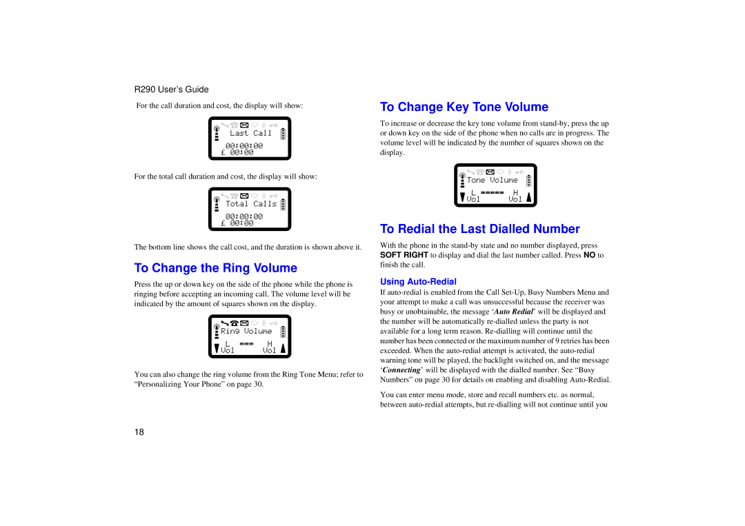 Ericsson R290 To Change the Ring Volume, To Change Key Tone Volume, To Redial the Last Dialled Number, Using Auto-Redial 