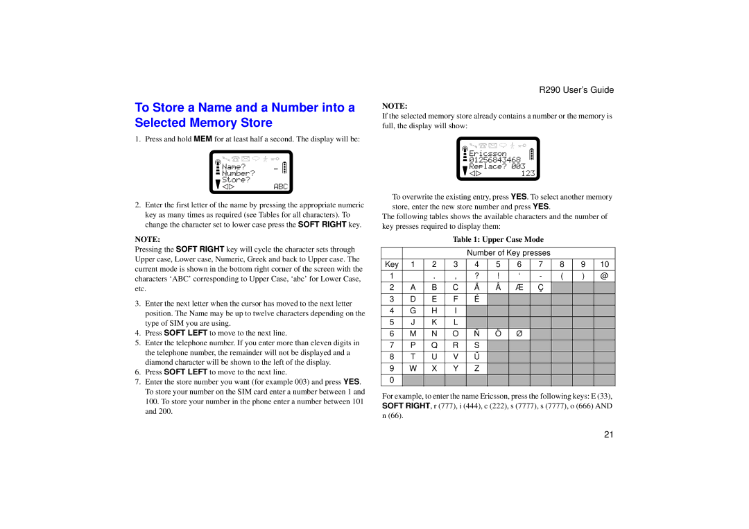 Ericsson R290 manual To Store a Name and a Number into a Selected Memory Store, Upper Case Mode 