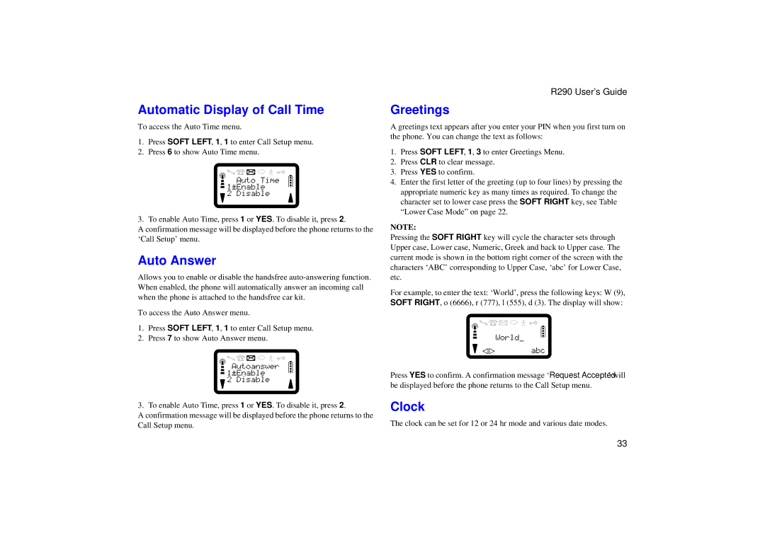 Ericsson R290 manual Automatic Display of Call Time, Auto Answer, Greetings, Clock 