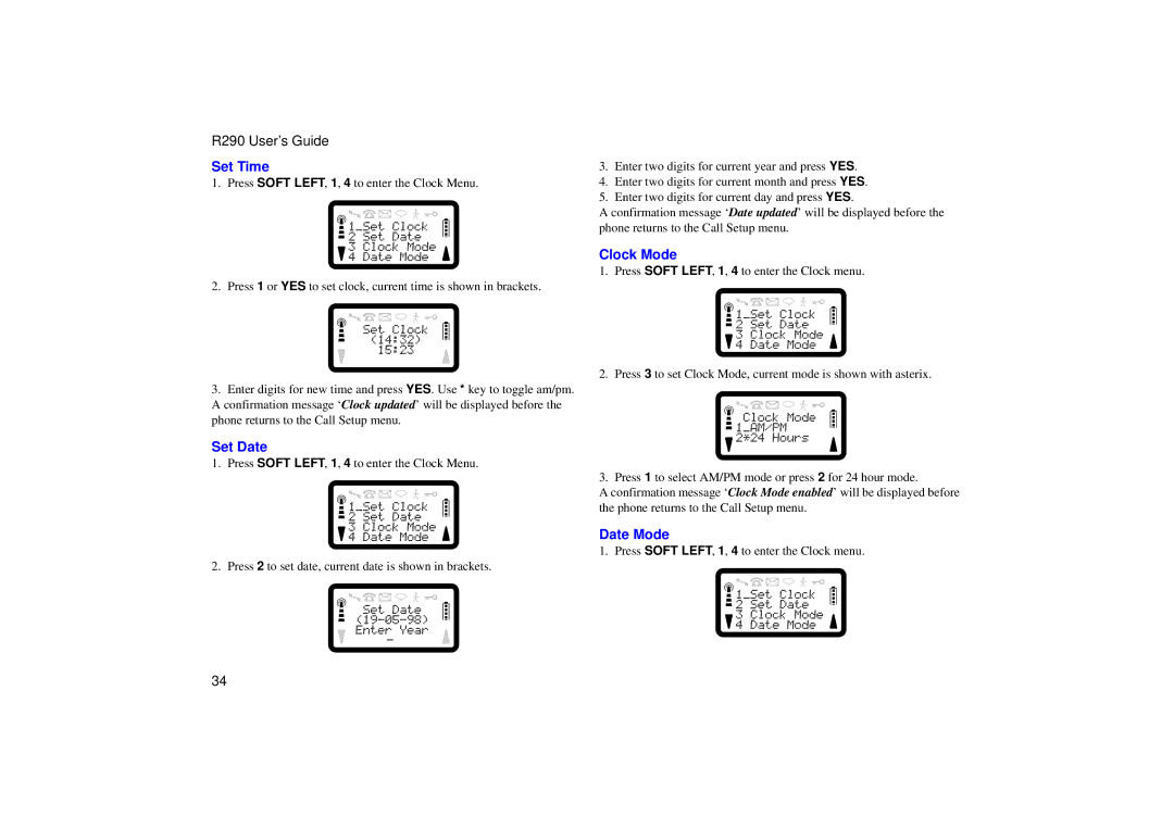 Ericsson R290 manual Set Time, Set Date, Clock Mode, Date Mode 