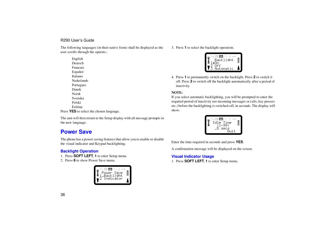 Ericsson R290 manual Power Save, Backlight Operation, Visual Indicator Usage 