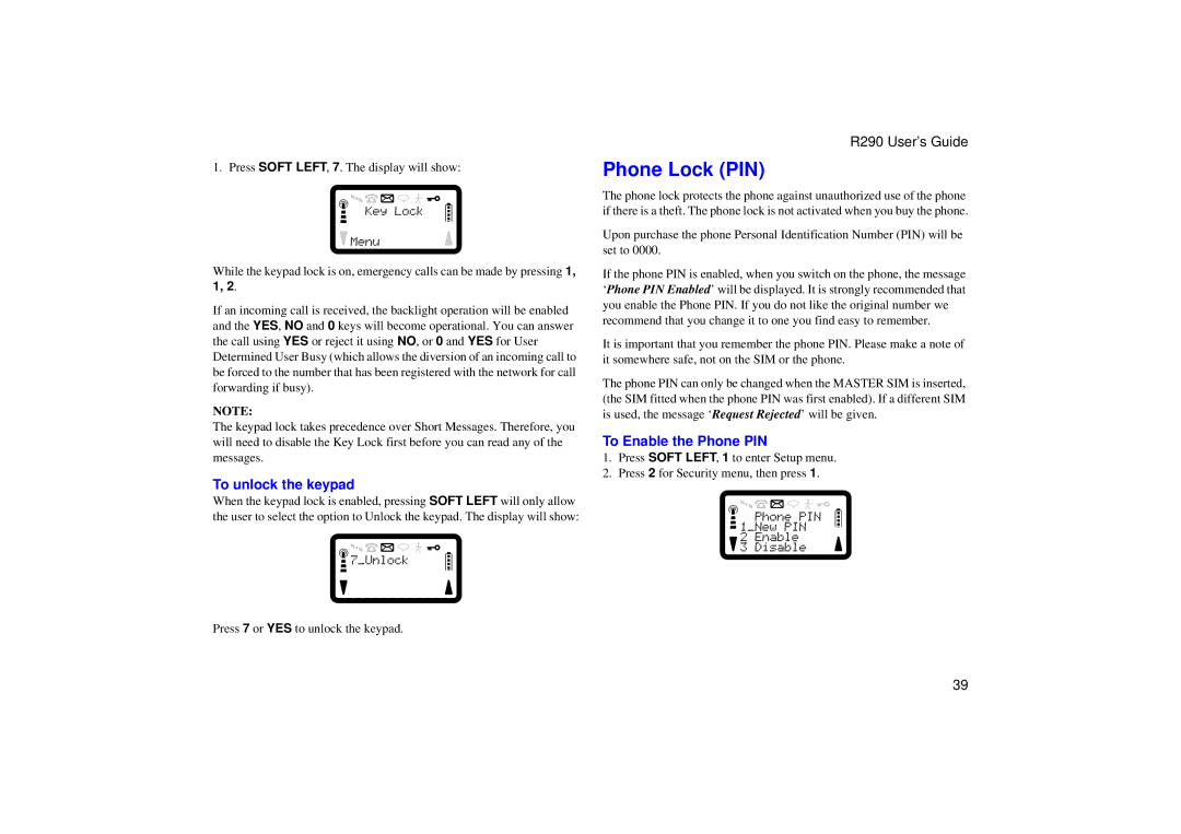 Ericsson R290 manual Phone Lock PIN, To unlock the keypad, To Enable the Phone PIN 