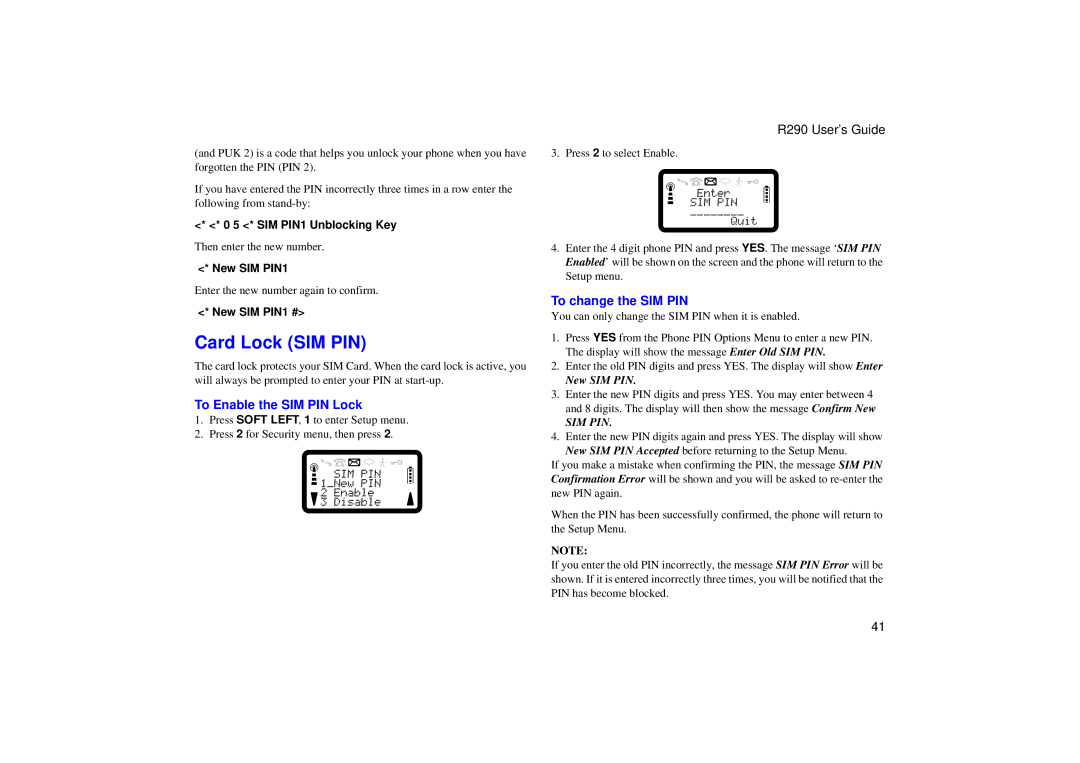 Ericsson R290 manual Card Lock SIM PIN, To Enable the SIM PIN Lock, To change the SIM PIN 