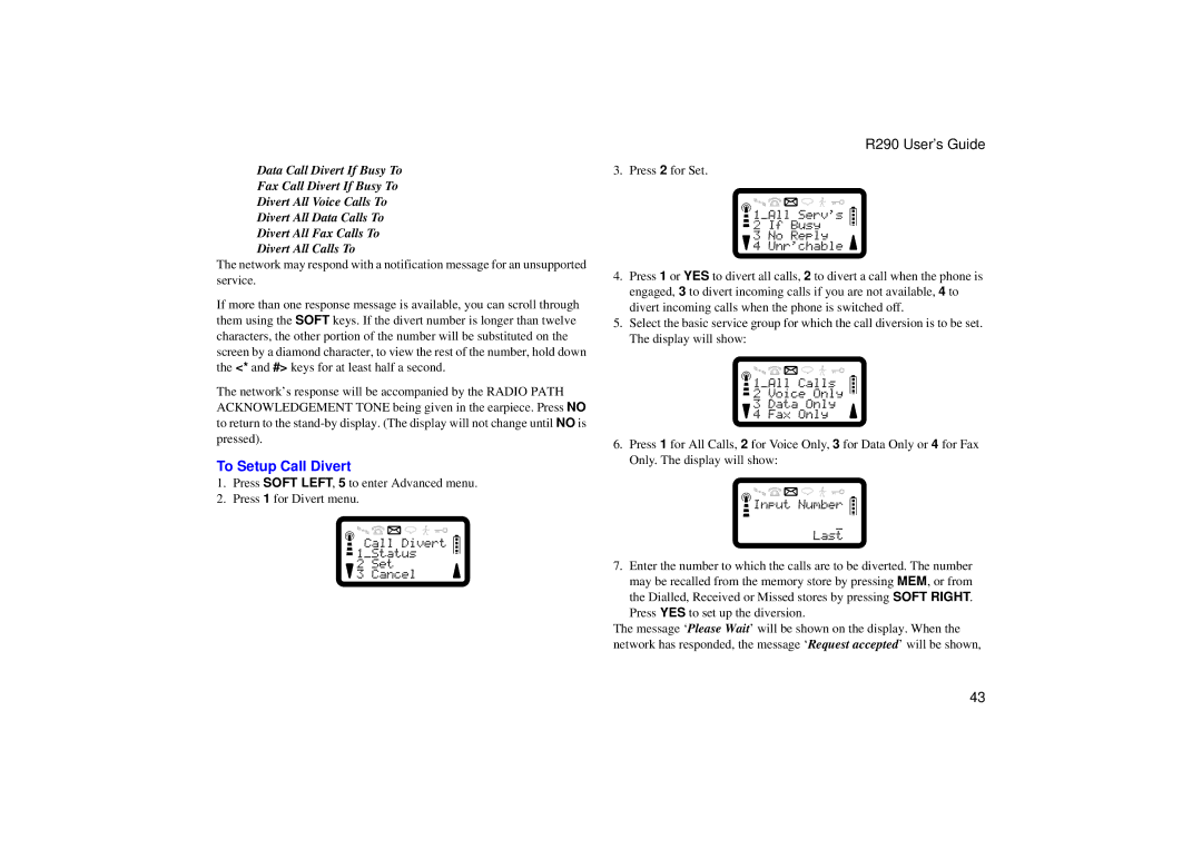 Ericsson R290 manual To Setup Call Divert 