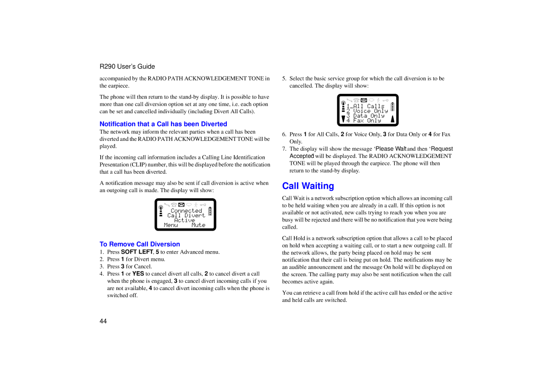 Ericsson R290 manual Call Waiting, Notification that a Call has been Diverted, To Remove Call Diversion 