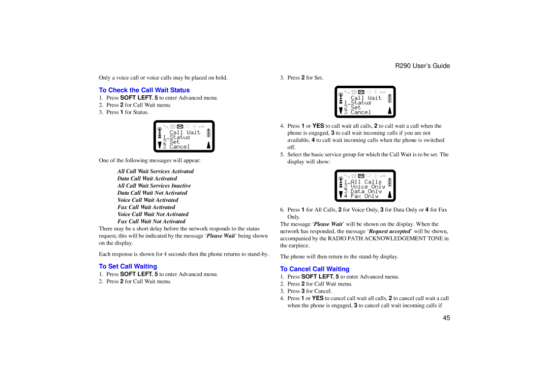 Ericsson R290 manual To Check the Call Wait Status, To Set Call Waiting, To Cancel Call Waiting 