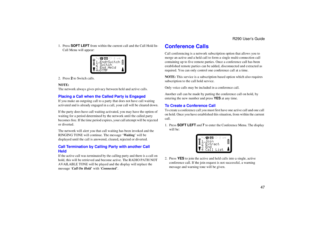 Ericsson R290 manual Conference Calls, Placing a Call when the Called Party is Engaged, To Create a Conference Call 