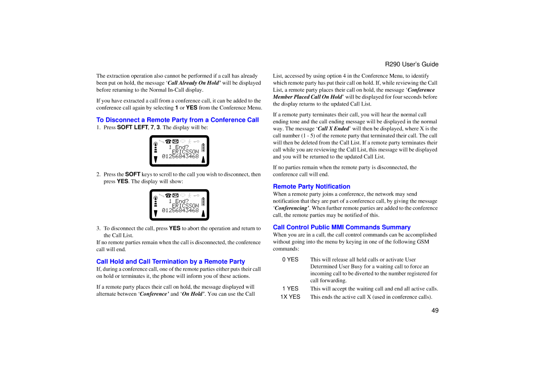 Ericsson R290 manual To Disconnect a Remote Party from a Conference Call, Call Hold and Call Termination by a Remote Party 