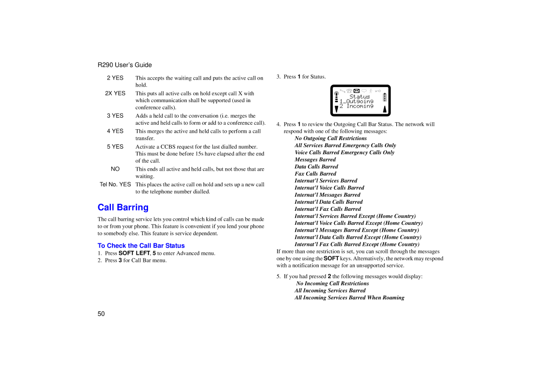 Ericsson R290 manual Call Barring, To Check the Call Bar Status 