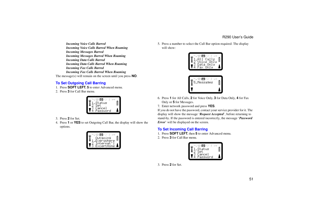 Ericsson R290 manual To Set Outgoing Call Barring, To Set Incoming Call Barring 