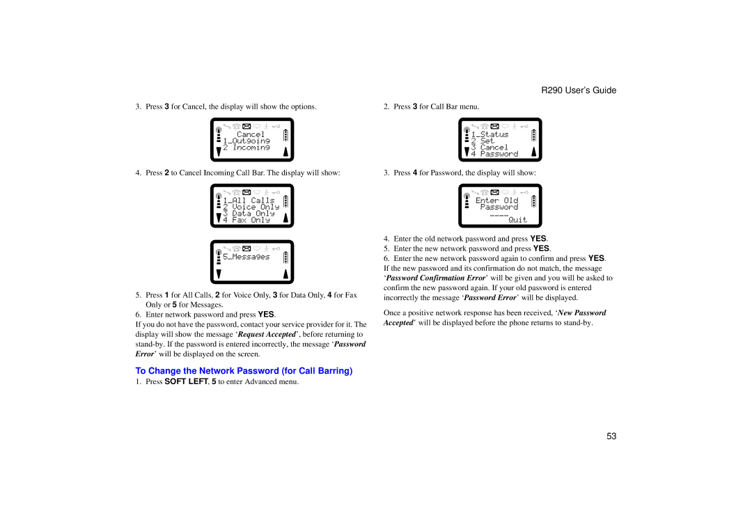 Ericsson R290 manual To Change the Network Password for Call Barring 