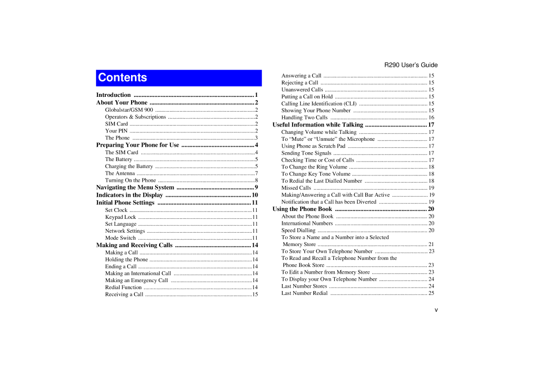 Ericsson R290 manual Contents 