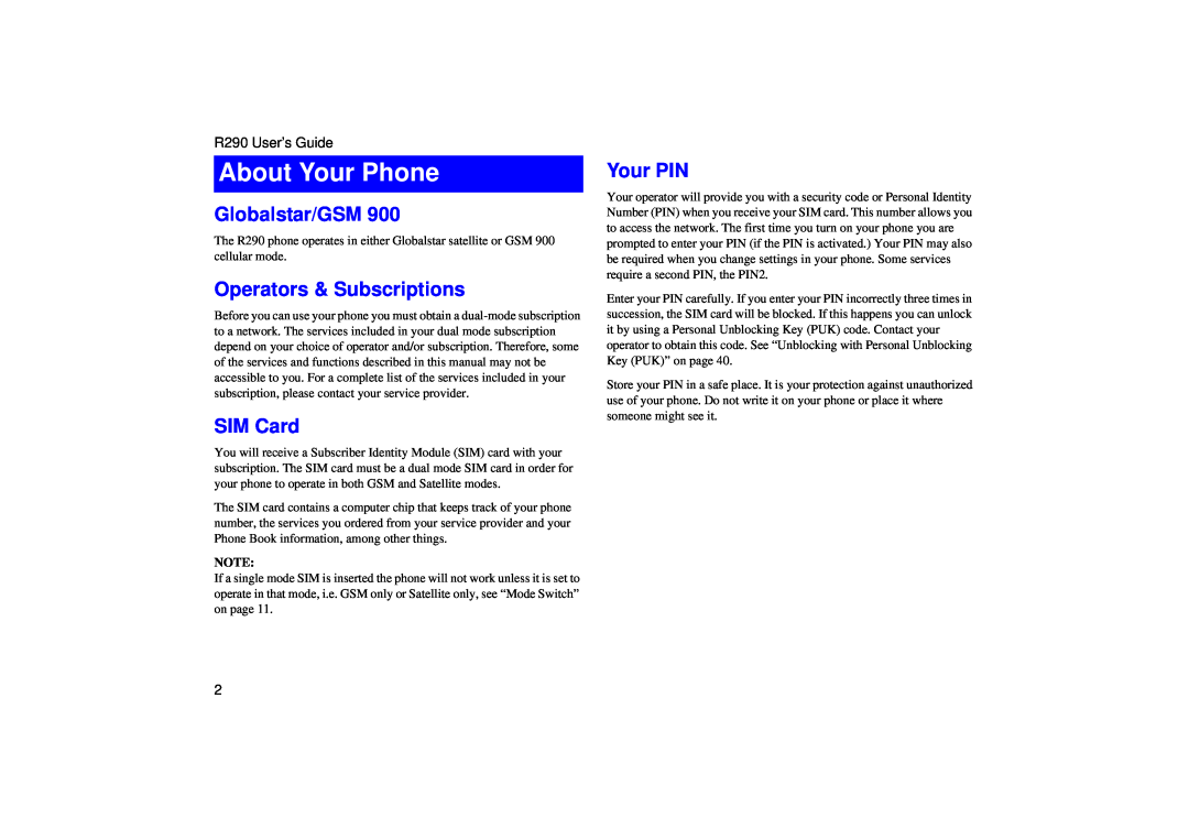 Ericsson R290 manual About Your Phone, Globalstar/GSM, Operators & Subscriptions, SIM Card, Your PIN 