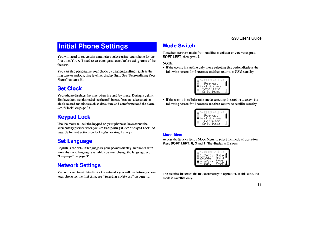 Ericsson R290 manual Initial Phone Settings, Set Clock, Keypad Lock, Set Language, Network Settings, Mode Switch, Mode Menu 