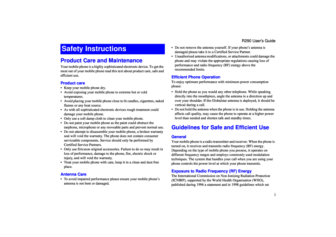 Ericsson R290 manual Safety Instructions, Product Care and Maintenance, Guidelines for Safe and Efficient Use, Product care 