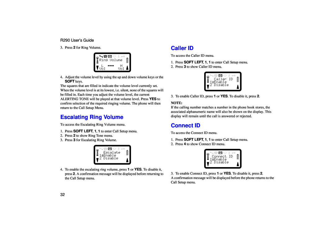Ericsson manual Escalating Ring Volume, Caller ID, Connect ID, R290 User’s Guide 