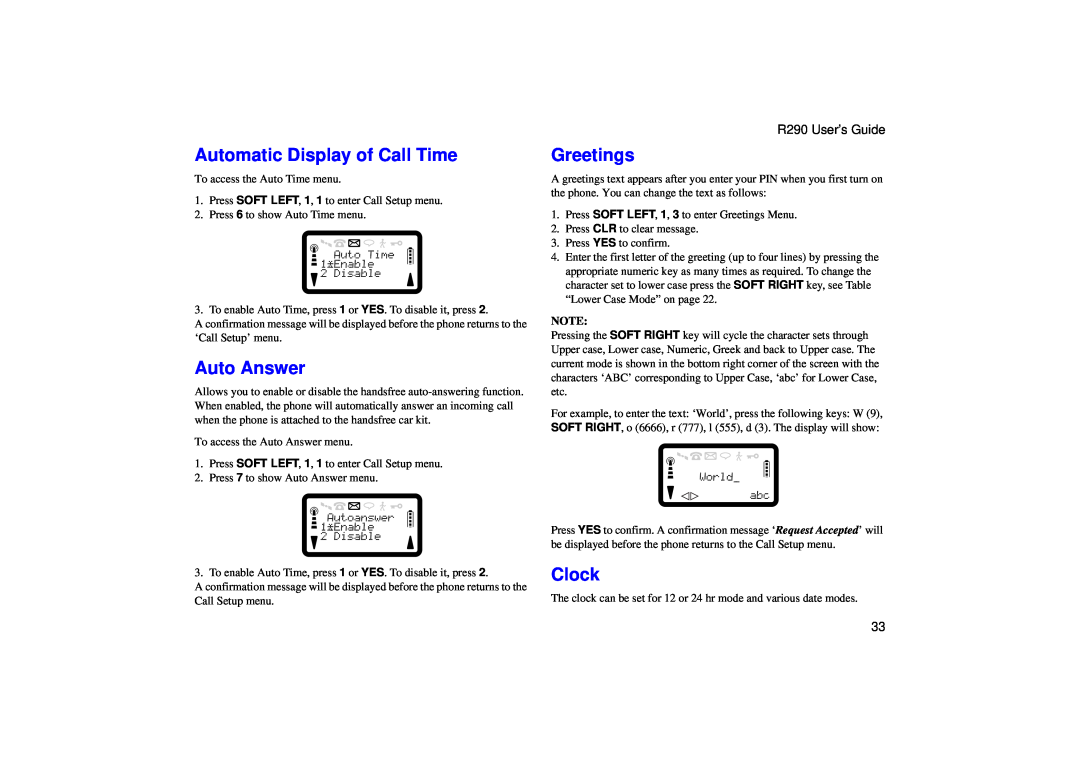 Ericsson manual Automatic Display of Call Time, Auto Answer, Greetings, Clock, R290 User’s Guide 