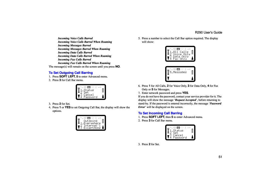 Ericsson R290 manual To Set Outgoing Call Barring, To Set Incoming Call Barring 