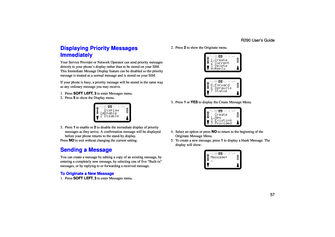 Ericsson R290 manual Displaying Priority Messages Immediately, Sending a Message, To Originate a New Message 