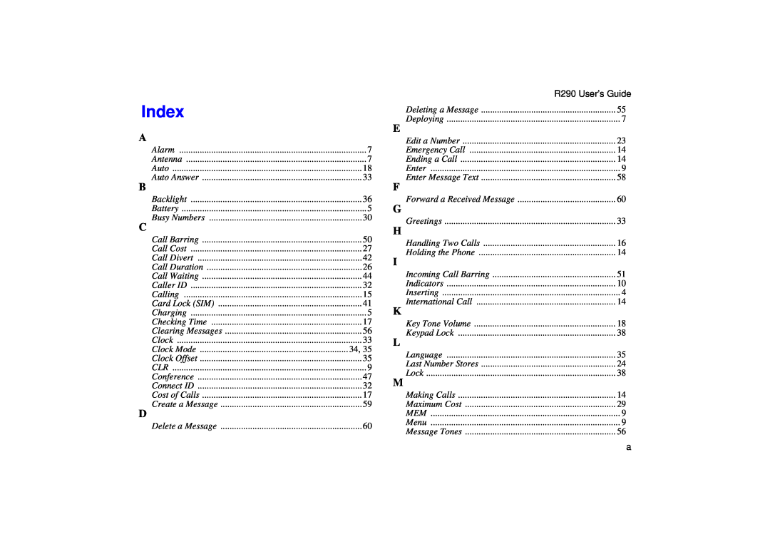 Ericsson R290 manual Index 