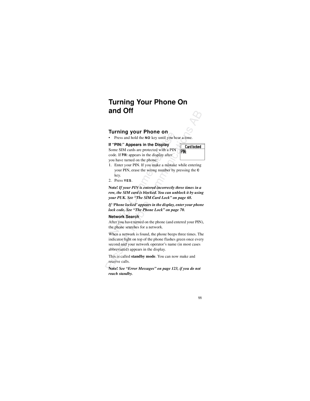 Ericsson R310s manual Off, Turning your Phone on 