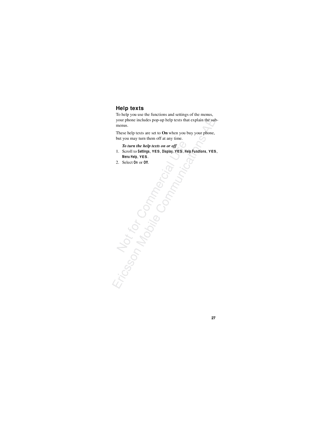 Ericsson R310s Help texts, Your phone includes pop-up help texts that explain the sub, To turn the help texts on or off 