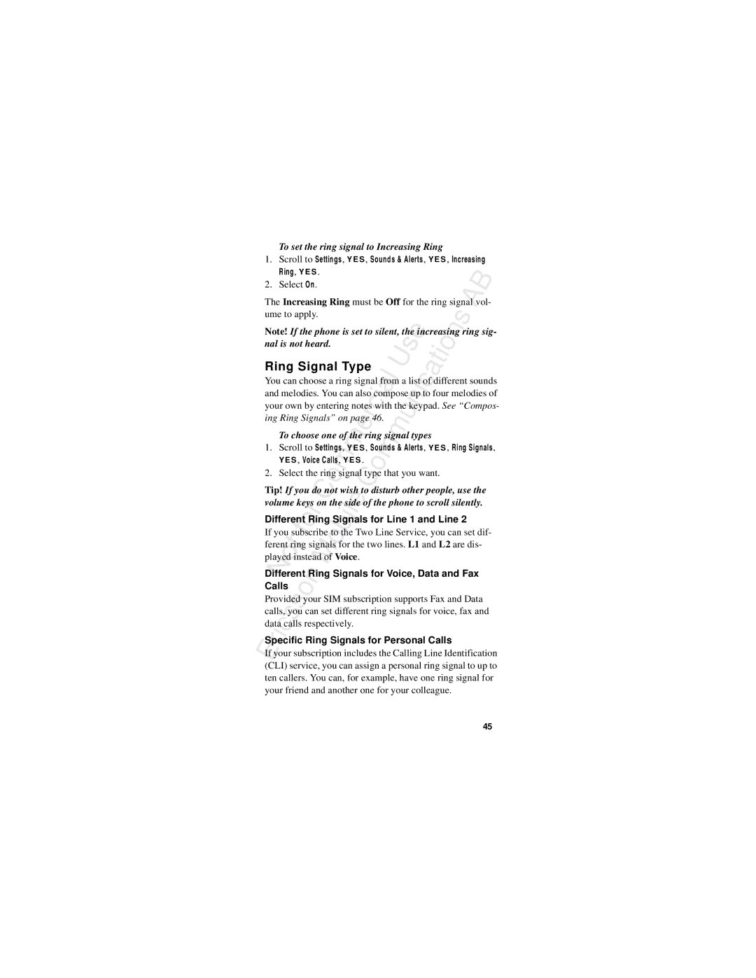 Ericsson R310s manual Ring Signal Type, For Line 1 and Line, Different Ring Signals for Voice, Data and Fax, Calls 