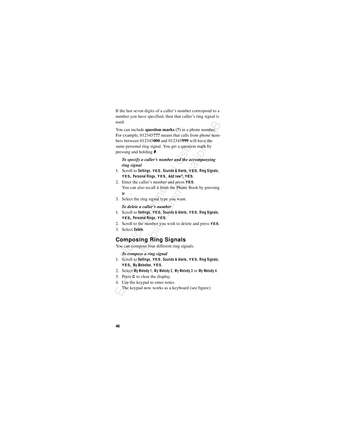 Ericsson R310s Composingf o, To specify a caller’s number andsthe accompanyingo, Ring signal, To delete a caller’s number 