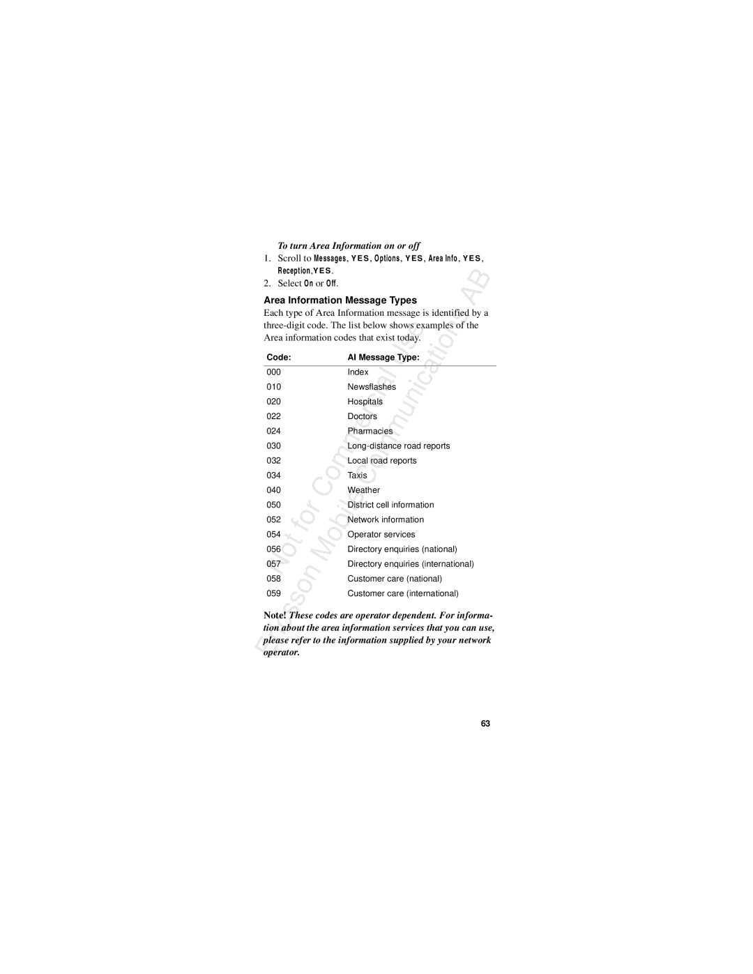 Ericsson R310s manual To turn Area Information on or off, Scroll to Messages, Y ES , Options, Y ES , Area Info, YE S 