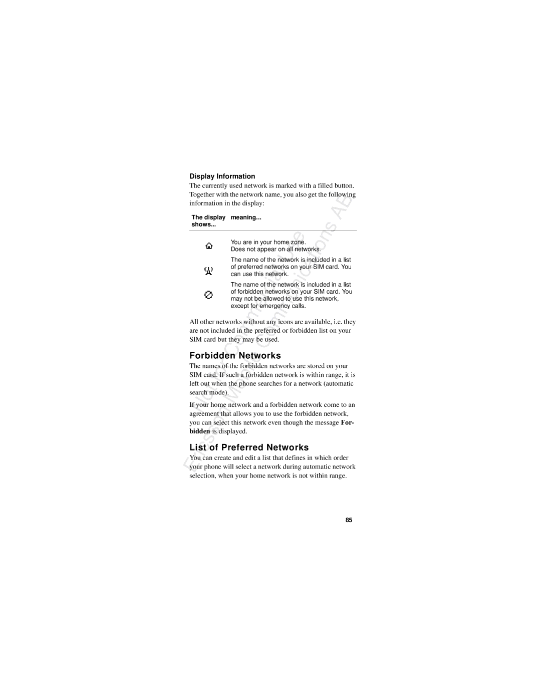 Ericsson R310s manual Forbidden Networks, Preferred Networks, Display Information, Search, Display Meaning Shows 