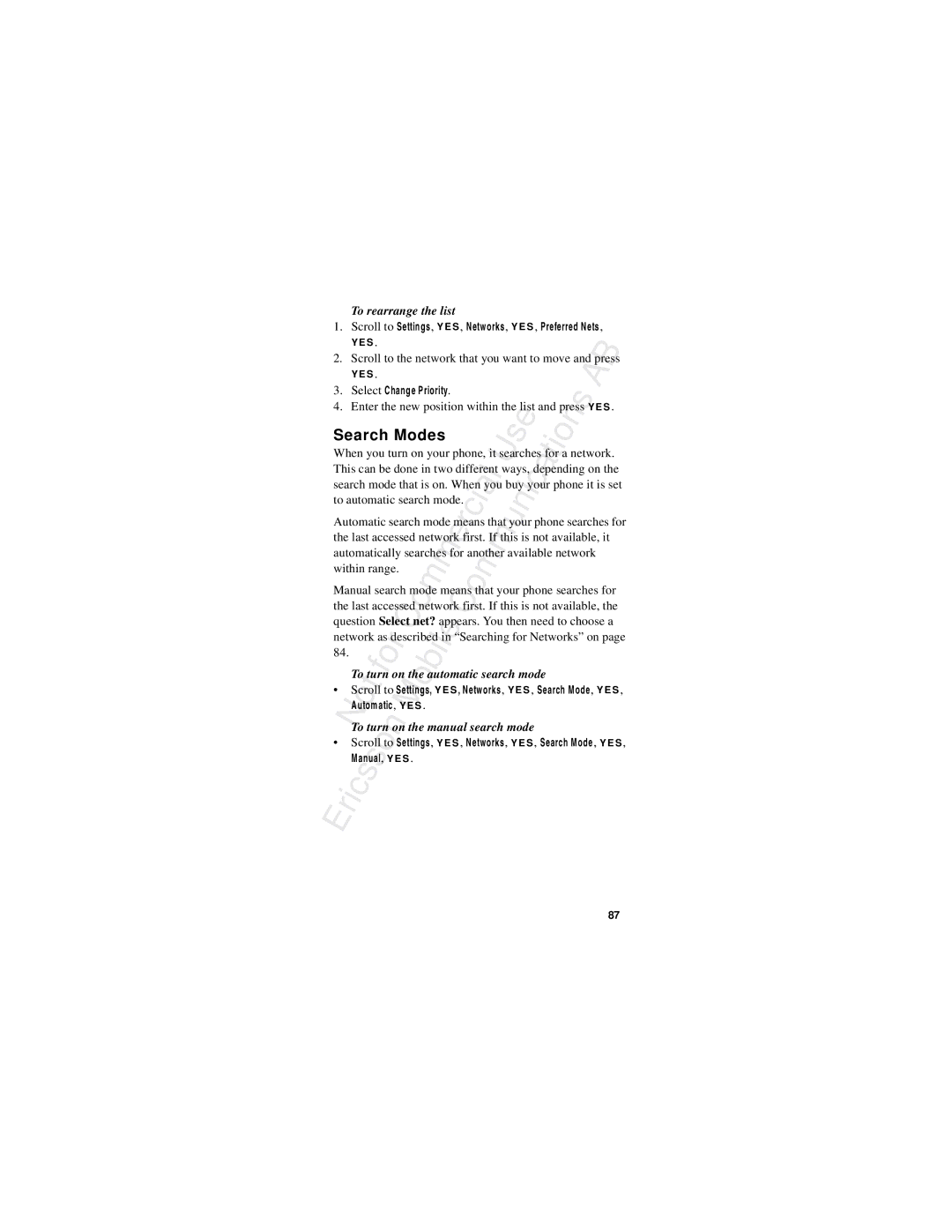 Ericsson R310s Search Modes, To rearrange the list, To turno, To turn on the manual search mode 