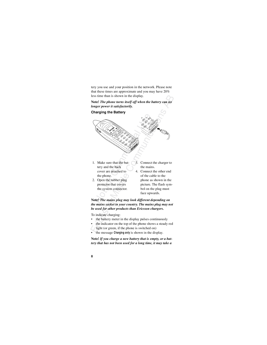 Ericsson R310s Charging the Battery, Mains socket in your country. The mains plug may not, Products than Ericsson chargers 