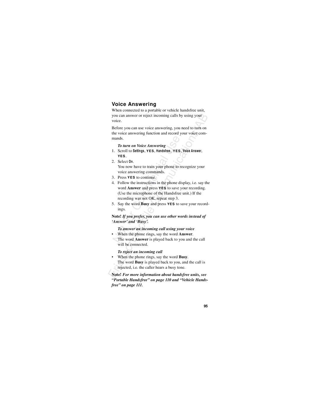 Ericsson R310s manual Voice Answering 