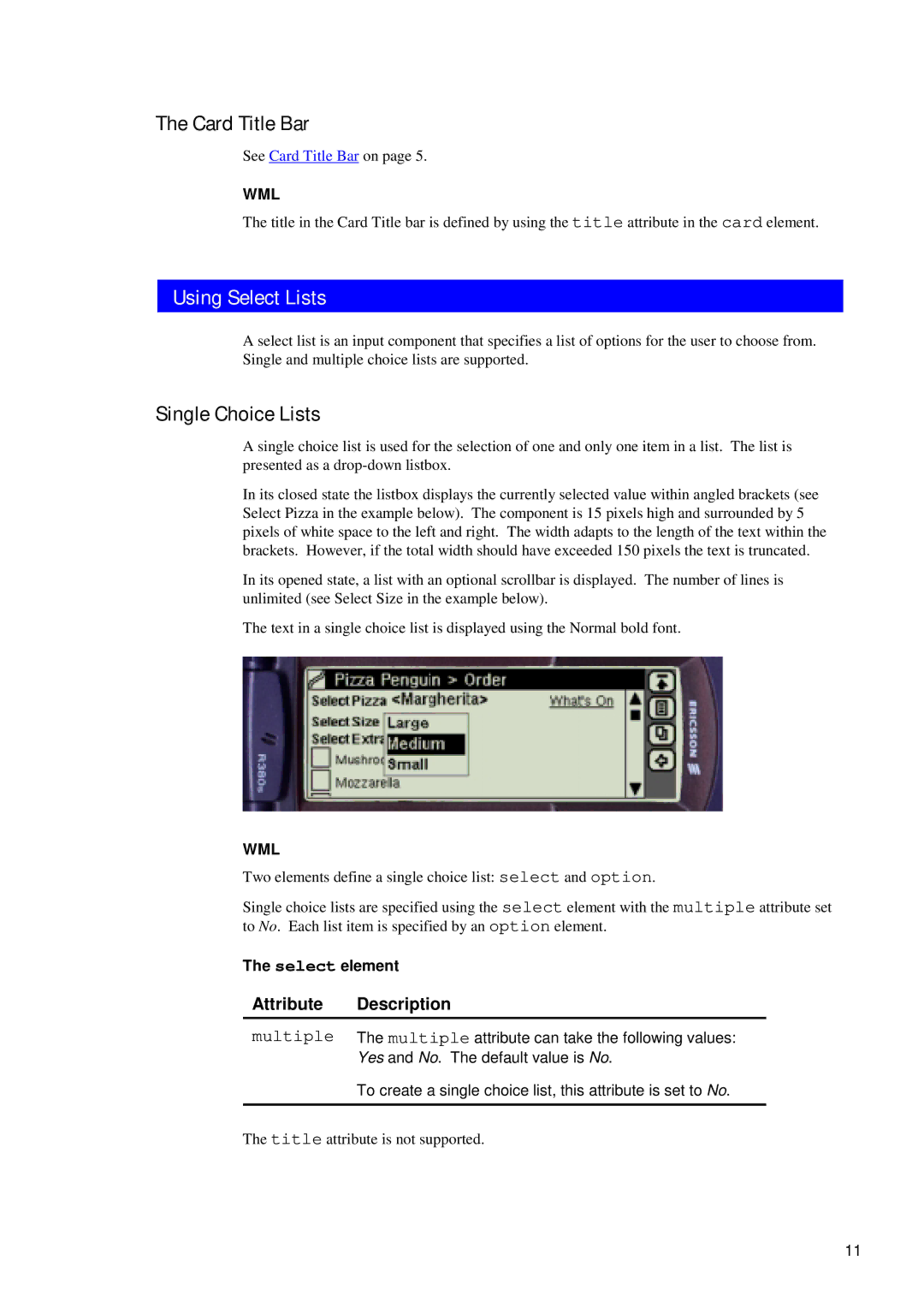 Ericsson R380 manual Card Title Bar, Using Select Lists, Single Choice Lists, Multiple, Select element 