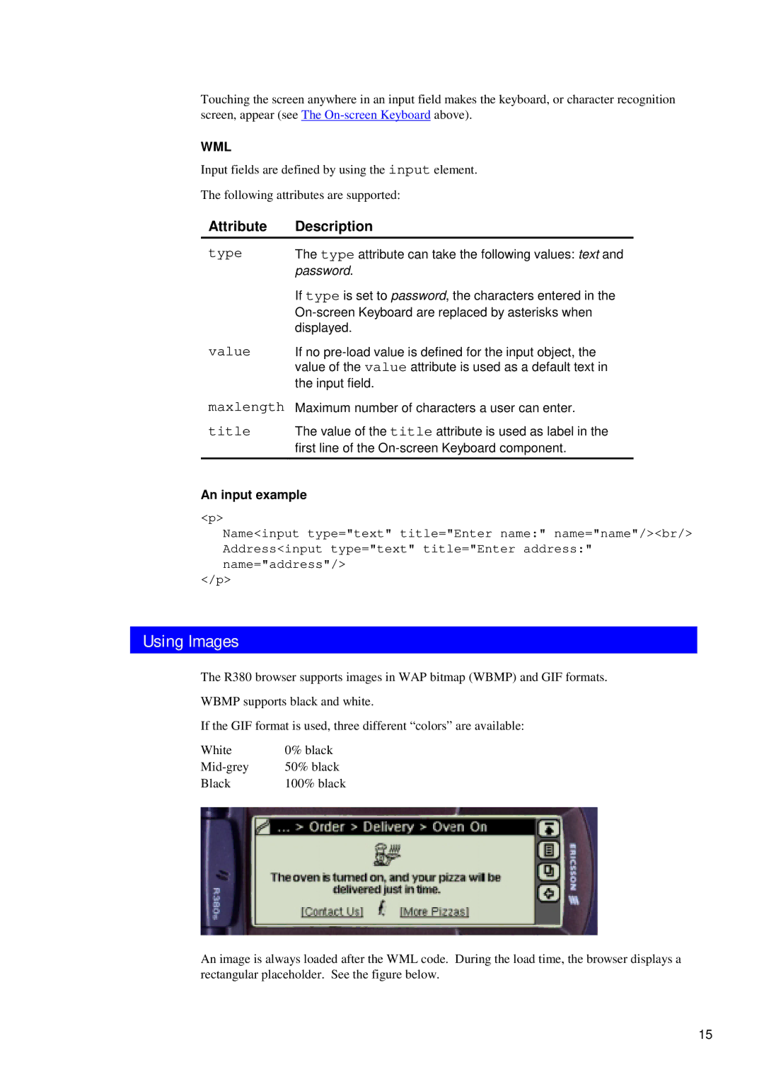 Ericsson R380 manual Using Images, Value, An input example 