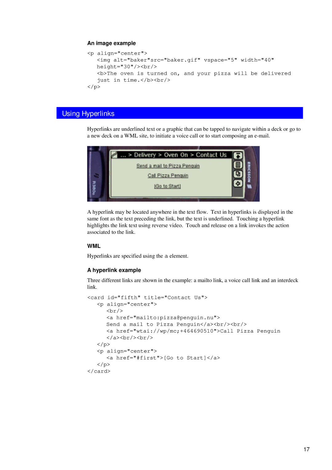 Ericsson R380 manual Using Hyperlinks, An image example, Hyperlink example 