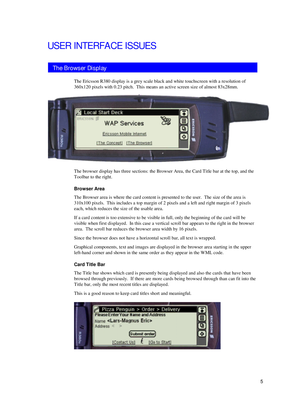 Ericsson R380 manual User Interface Issues, Browser Display, Browser Area, Card Title Bar 