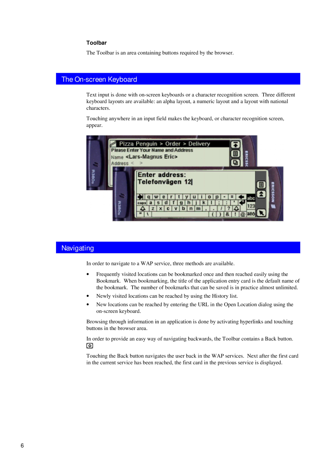 Ericsson R380 manual On-screen Keyboard, Navigating, Toolbar 