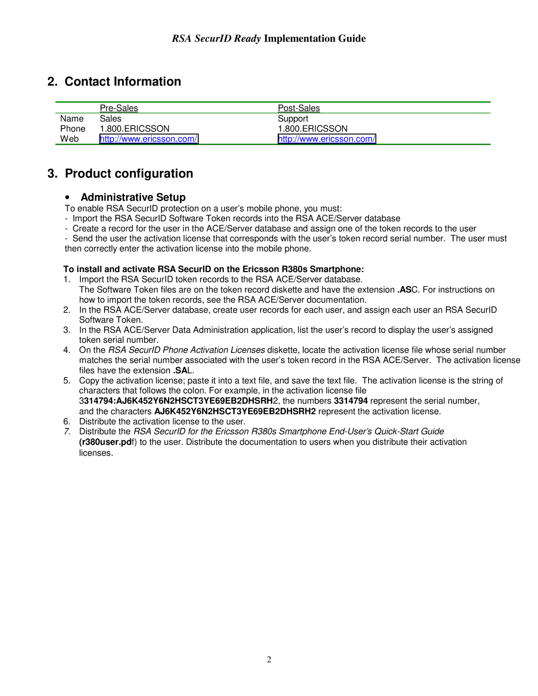 Ericsson R380 manual Contact Information, Product configuration, Administrative Setup 