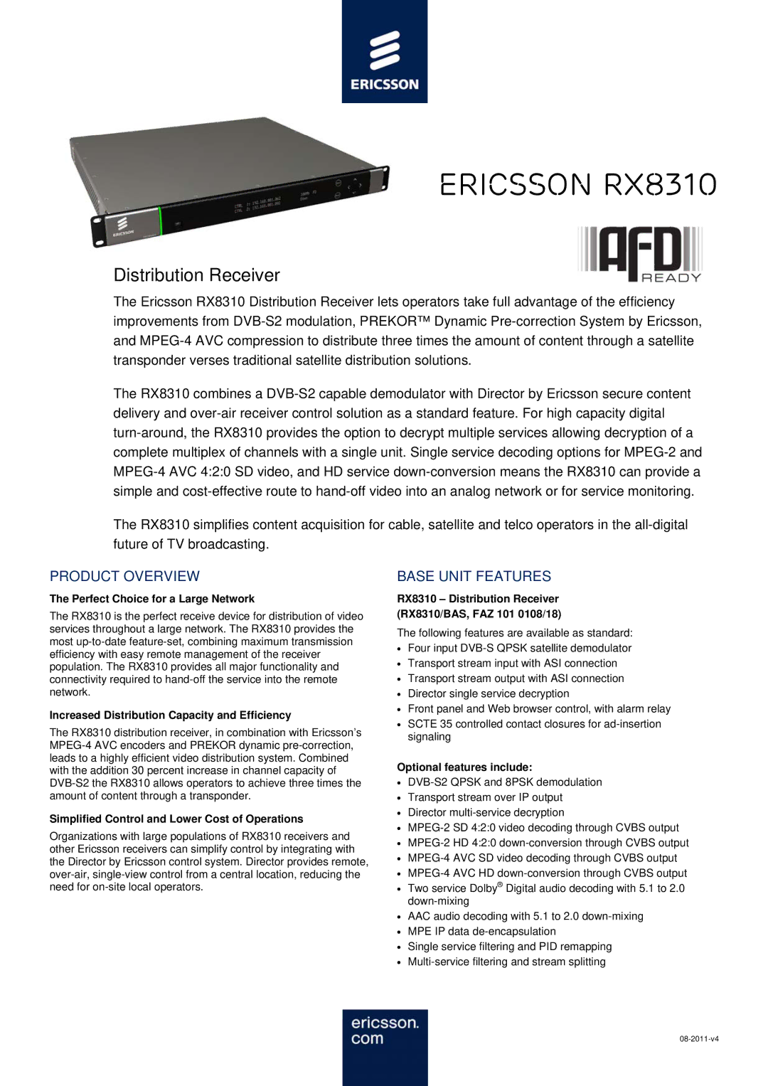 Ericsson RX8310 manual Product Overview, Base Unit Features 